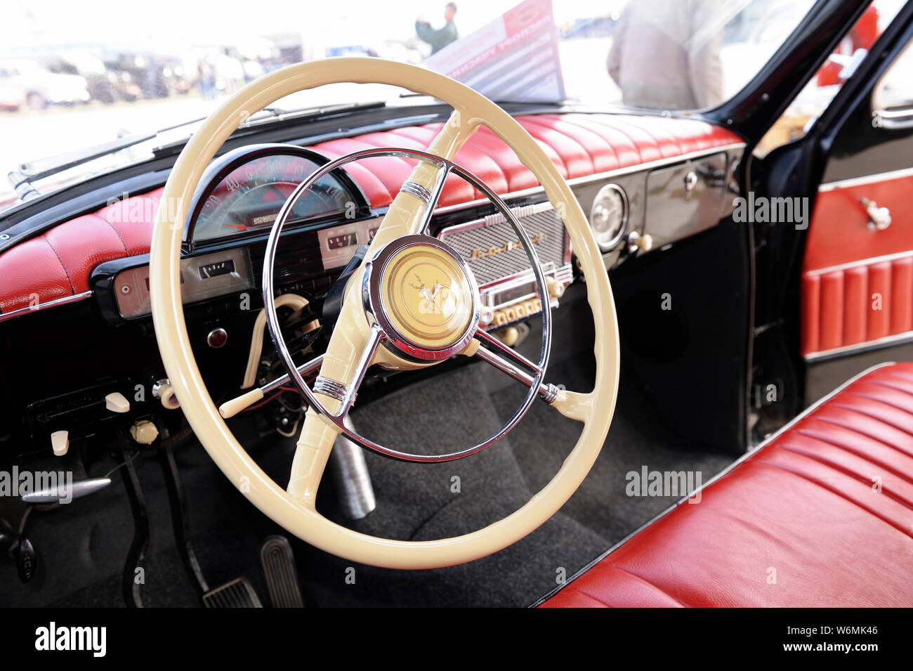 Interior of an old car GAZ-21, model 1967 year, made in USSR: steering  wheel, dashboard, glove compartment, seats. Festival OLD CAR Land. May 12,  2019 Stock Photo - Alamy