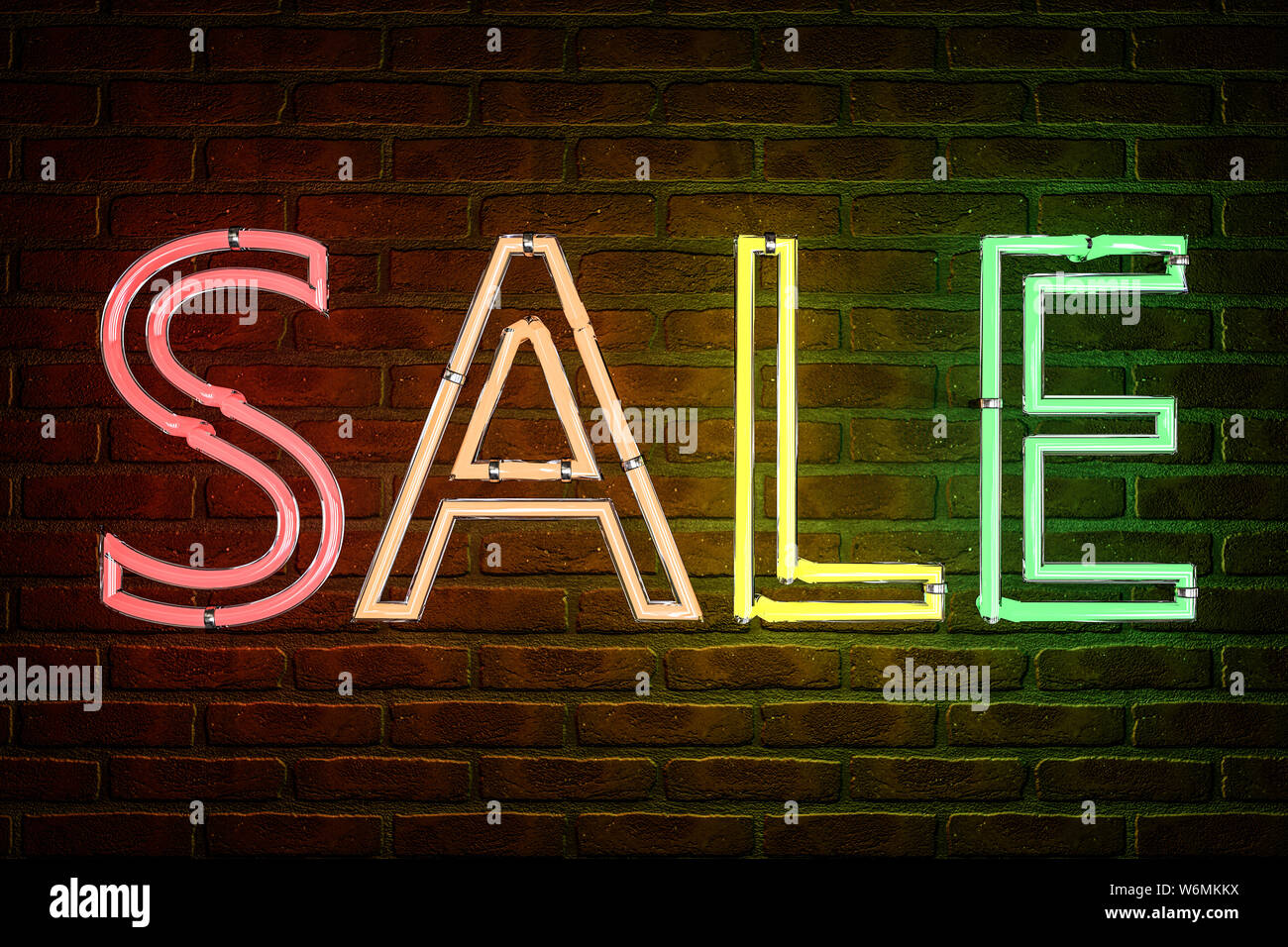 3d illustration: Advertising neon sign with the inscription "sale" of colored letters on the background of a red brick wall. Stock Photo