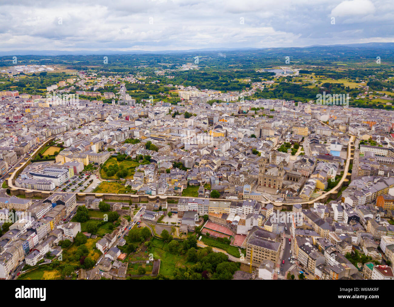 Aerial view of Lugo district with buildings and landscape, Galicia