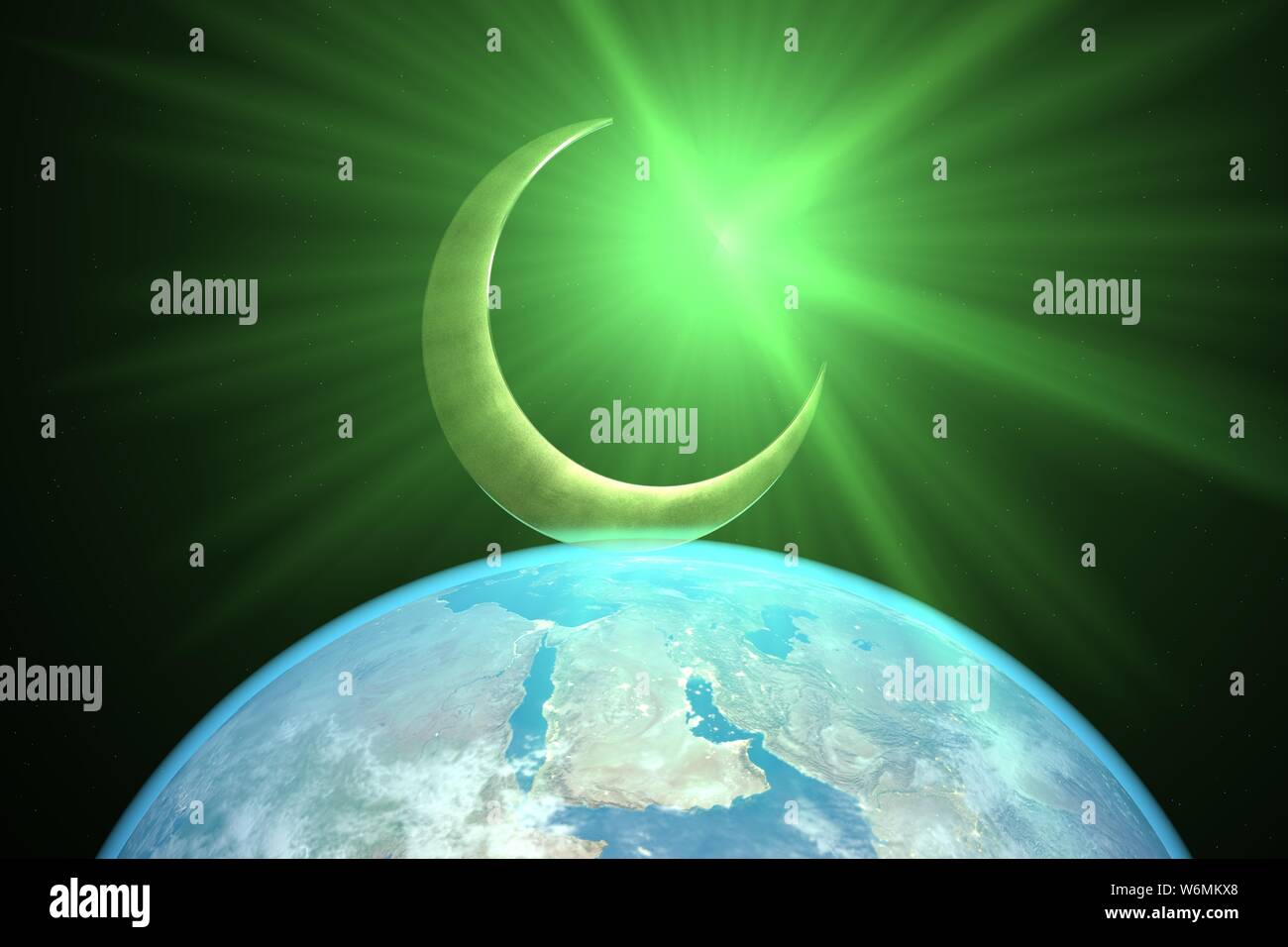 3d illustration: A young Golden Crescent moon over the planet earth and a star shed a blessed green light on the world of devout Muslims. Stock Photo