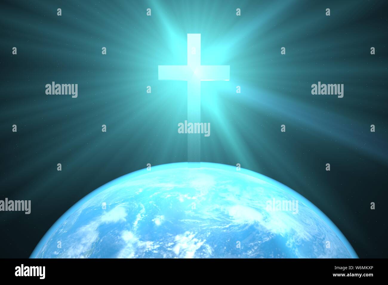 3d illustration: The Christian cross over the planet earth sheds a blessed blue light on the people of the world. Christianity. Religious concept. Stock Photo