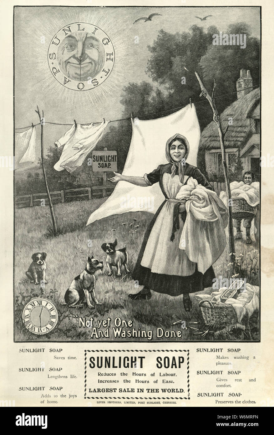 Edwardian advert for sunlight soap, woman hanging her laundry washing out to dry, 1902 Stock Photo