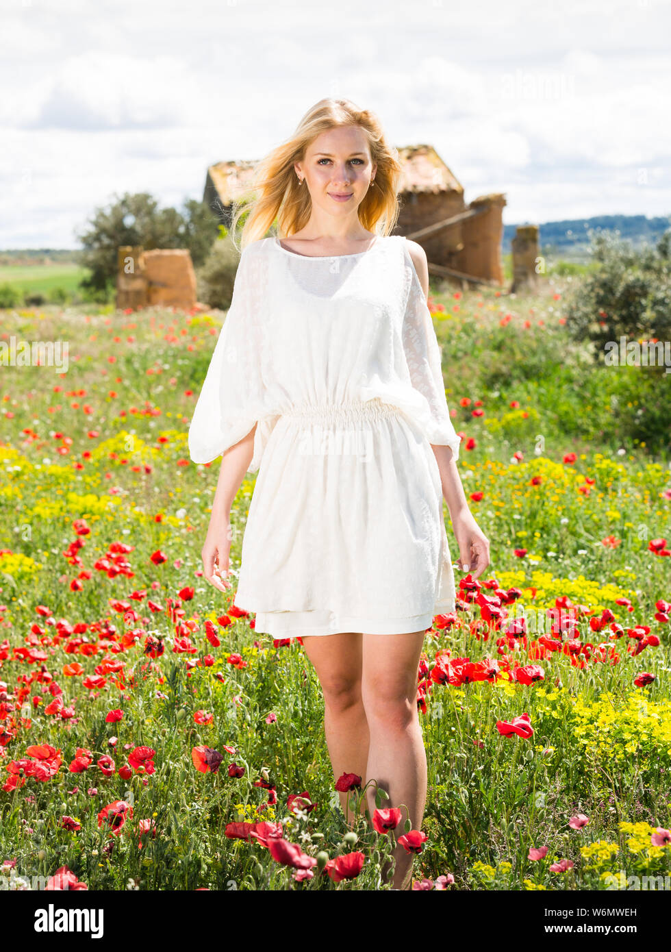 Beautiful young female in white dress walking through a poppy field of ...