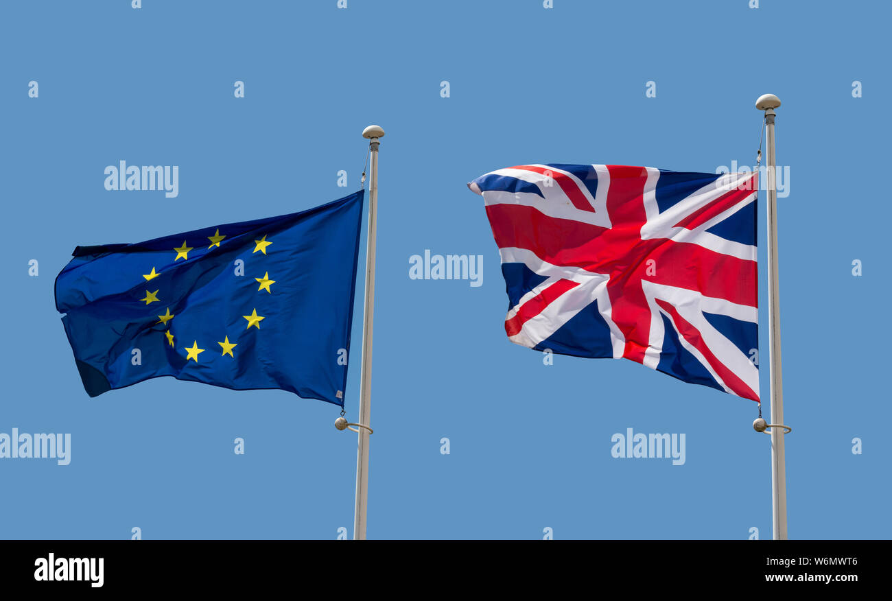European flag and British Union Jack Flag, Flag of the United Kingdom, concept Brexit Stock Photo