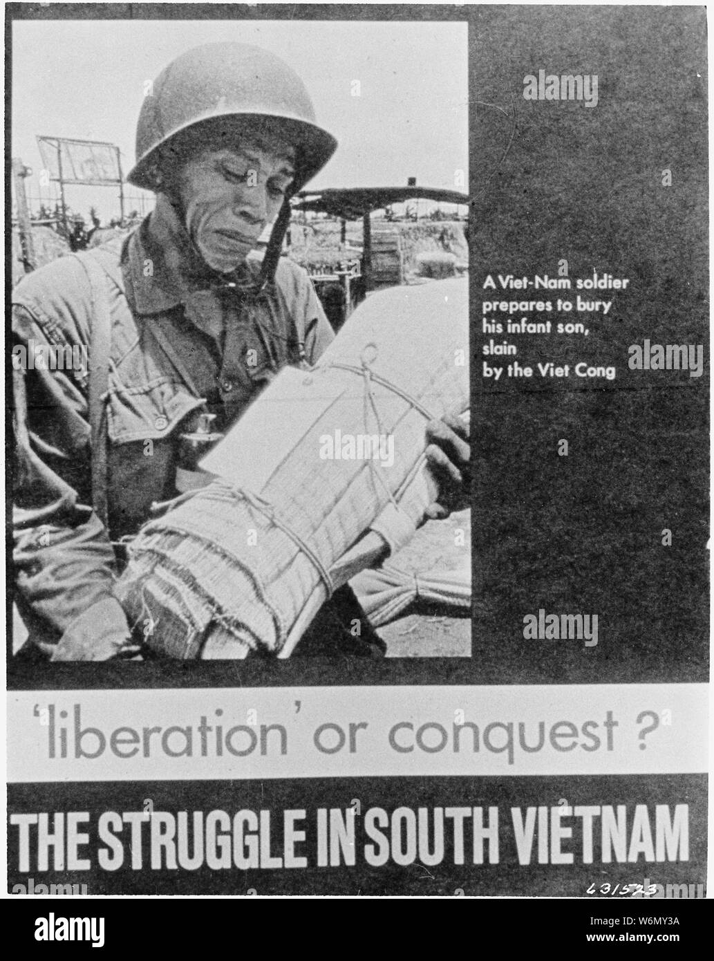 Vietnam. This picture is one that would reach potentially every father in the world. It was used as the cover of a pamphlet which describes the truth about the cause of the subversive insurgency in Vietnam. Such dramatic pictorial appeals draw sympathy from the reader before a word is read, thus making the remainder of the story also more sympathetic to the audience. Stock Photo