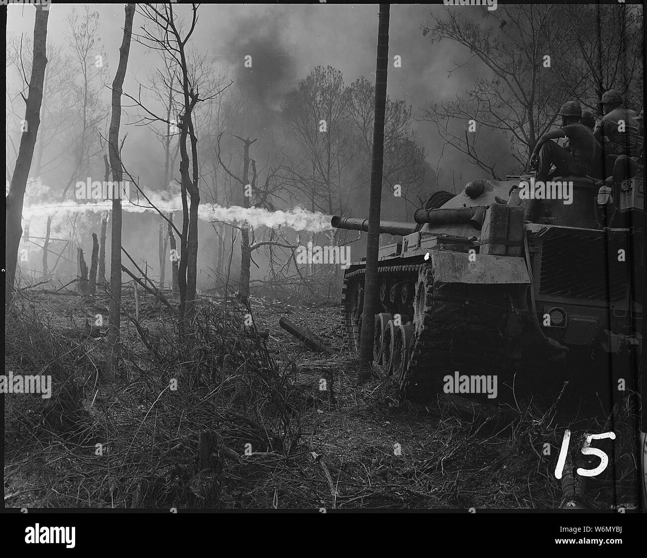 Vietnam....Flame tanks of the 1st Tank Battalion burn No-name Village during Operation Doser near Binh Son in the Quang Ngai Province. Stock Photo