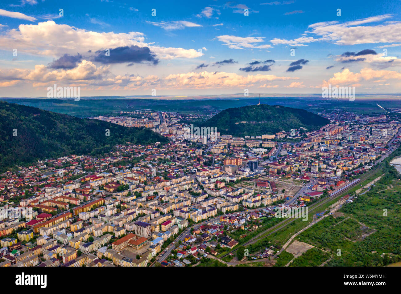 Green summer city viewed from above, Piatra Neamt in Romania Stock Photo