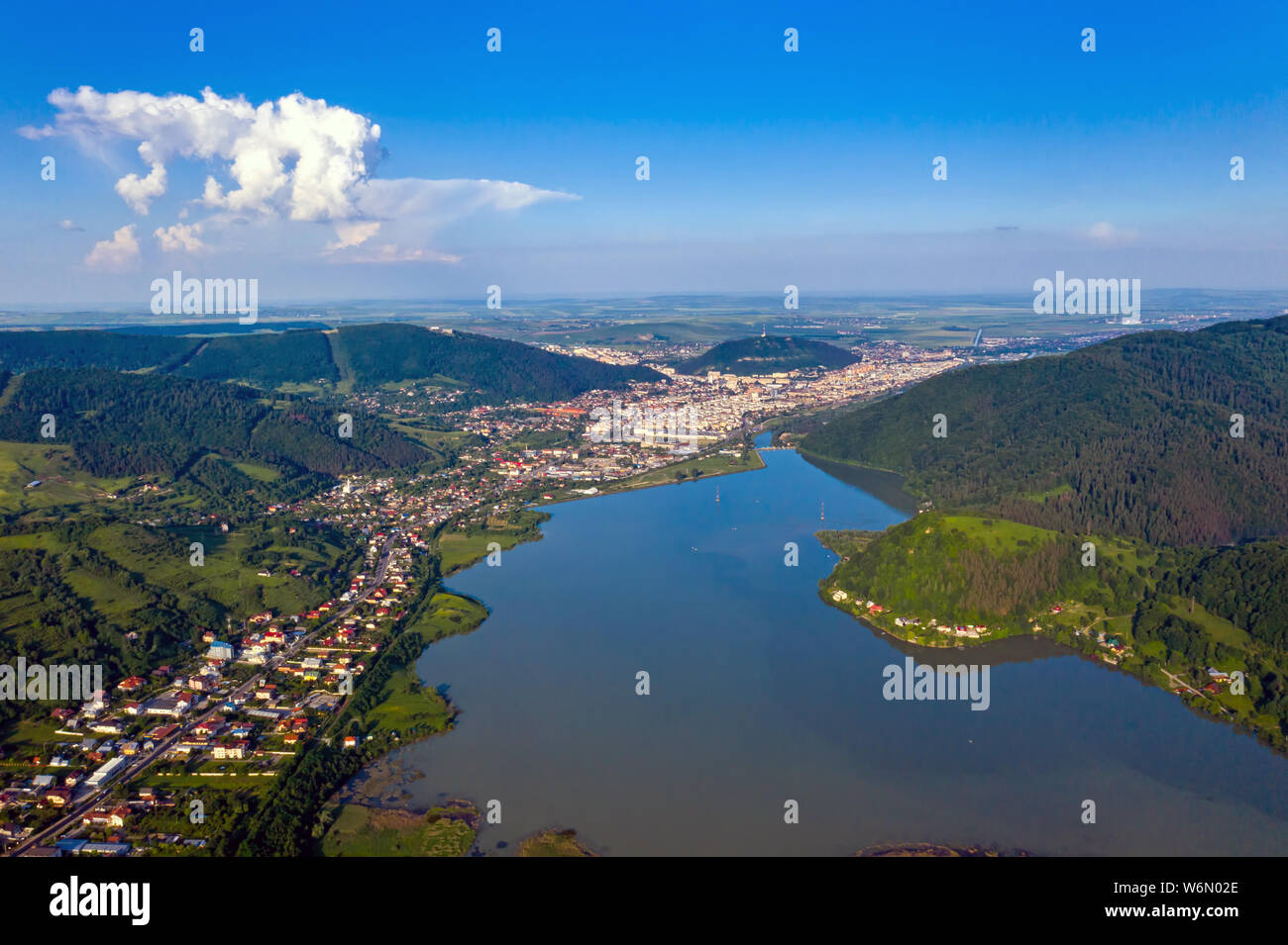 Above view of Piatra Neamt city on Bistrita river valley in Romania Stock Photo