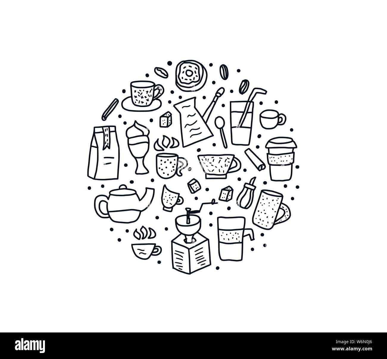 Coffee set round badge in doodle style. Vector black and white design ...