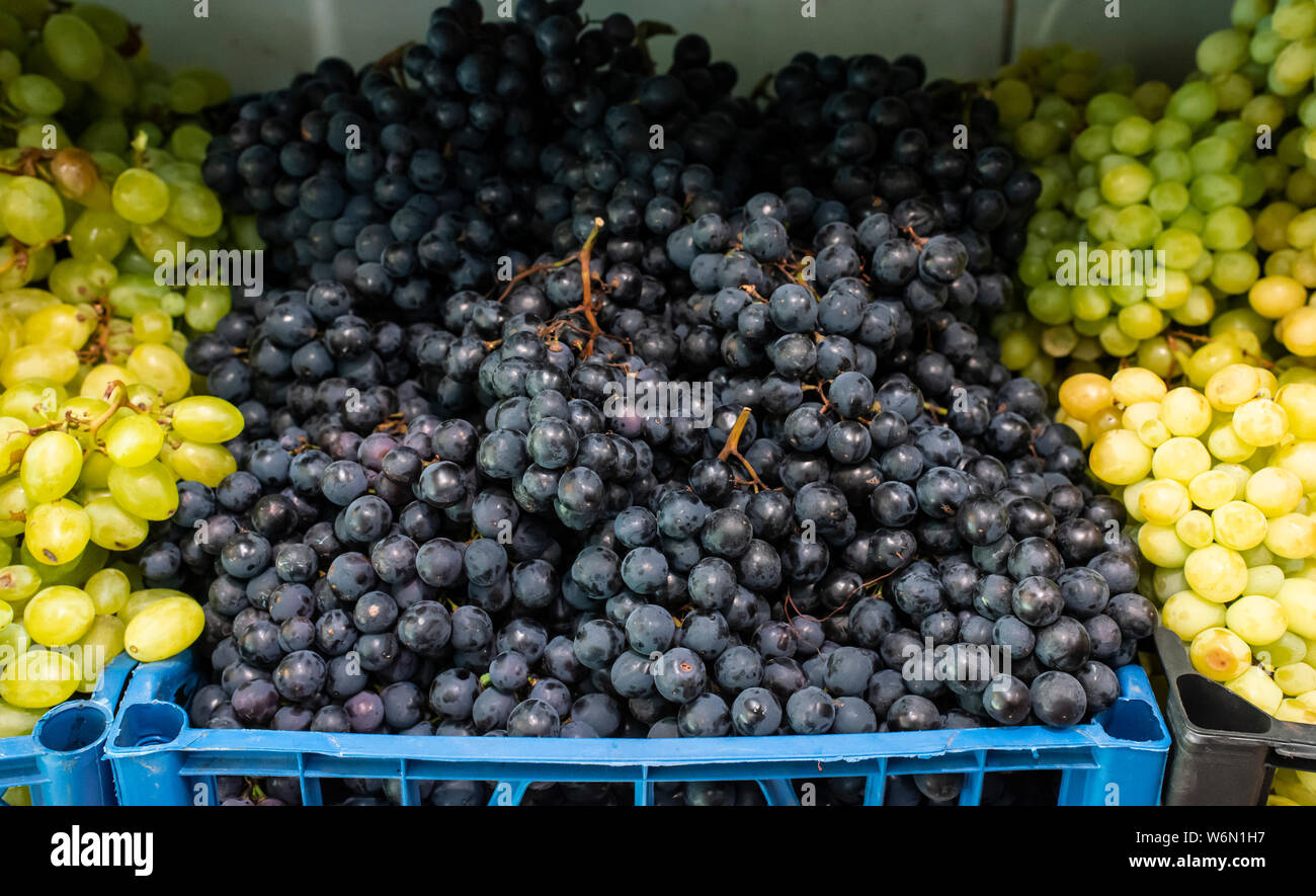 Grapes on shelf in the market. Crates with grape Stock Photo Alamy
