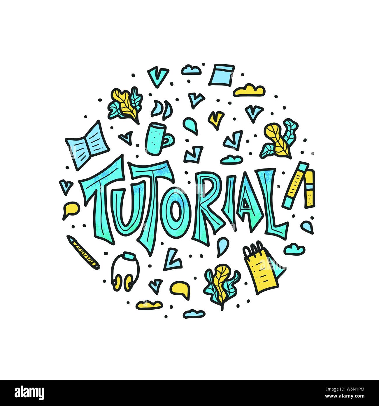 Tutorial concept. Vector circle composition of e-learning elements. Lettering with lesson decoration. Vector color illustration. Stock Vector