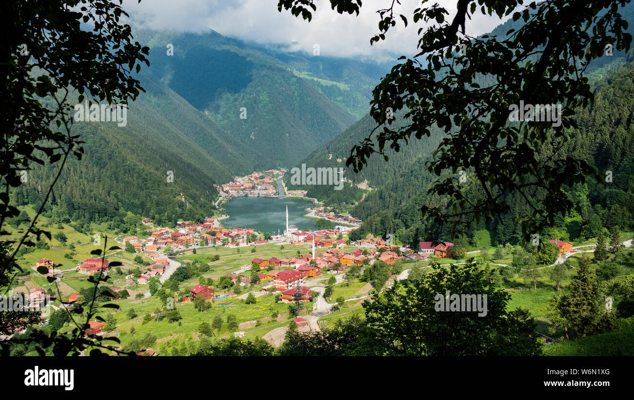 One of the most beautiful tourist places in Trabzon,Turkey. Uzungol - a mountain valley with a trout lake and a small village. Stock Photo