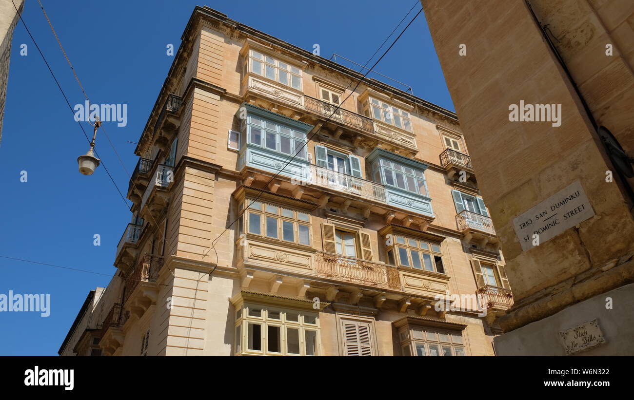 Valletta, capital city of Malta. Maltese balconies can be classified