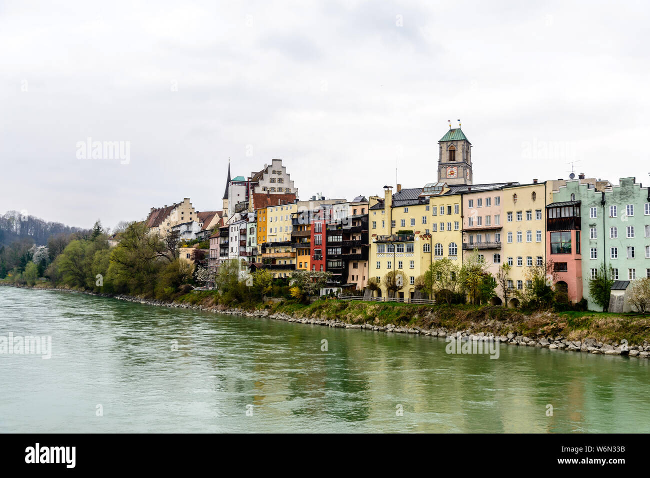 Wasserburg am Inn, Bavaria, Germany. View on old town, colorful buildings, houses with a river. Stock Photo