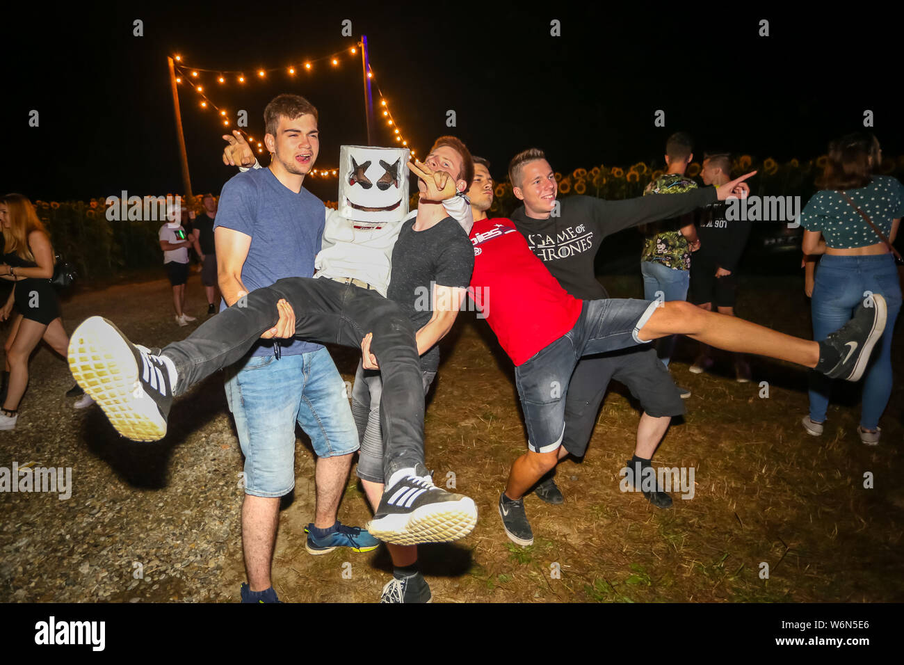 Brezje, Croatia 20th July, 2019 Group photo of friends posing and