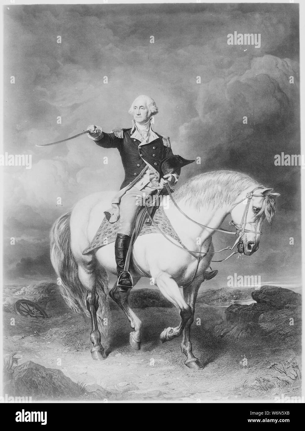 Washington Receiving a Salute on the Field of Trenton. 1776. Copy of print by William Holl after John Faed, published circa 1860s, 1931 - 1932; General notes:  Use War and Conflict Number 69 when ordering a reproduction or requesting information about this image. Stock Photo