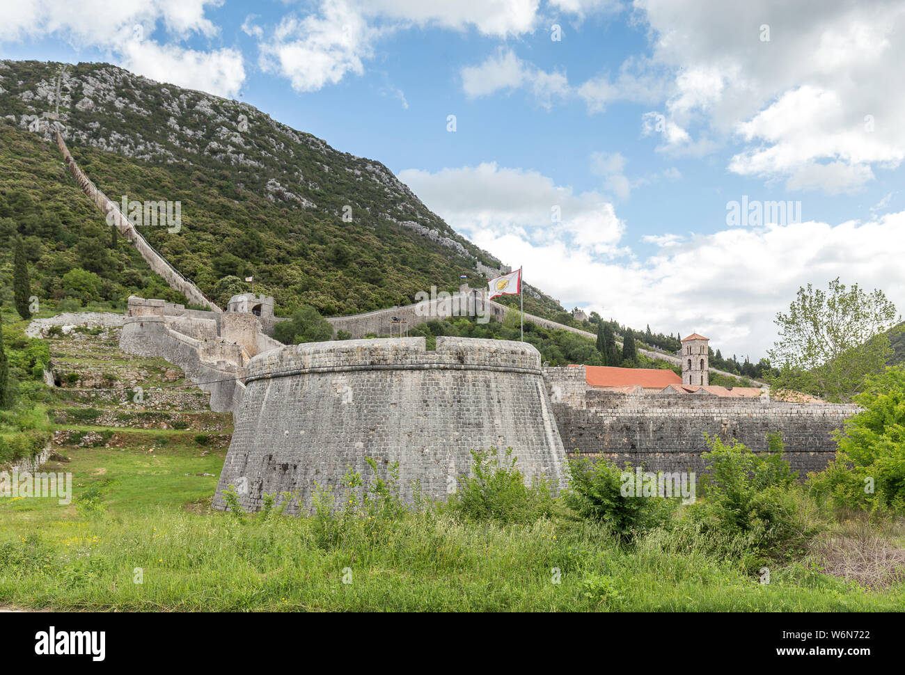 06 MAY 2019. Ston fortress in Croatia, Europe. Ruins of fortification walls. Stock Photo