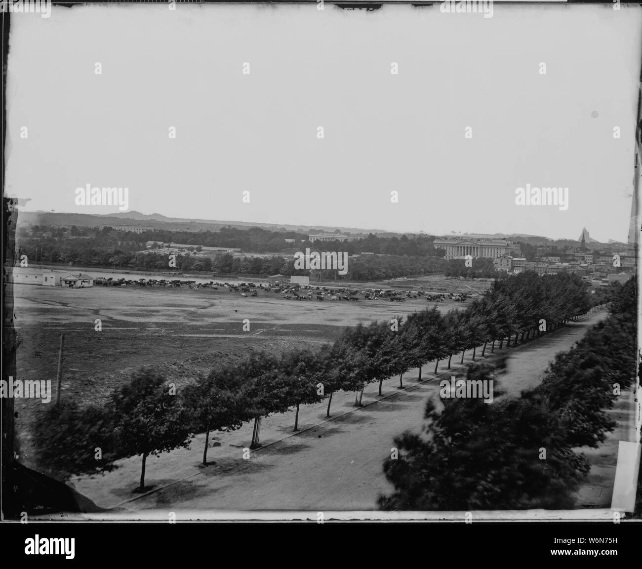 White Lot during the war, Washington D.C. Shows Tiber River, now B St.; Scope and content:  White Lot is so called because about 1850 a board fence that was later painted white surrounded the southern White House grounds.  [This image (western view), in conjunction with NARA-111-B-139 (eastern view) and NARA-111-B-4954 (middle view), form a three-section panoramic view of Washington.] Stock Photo