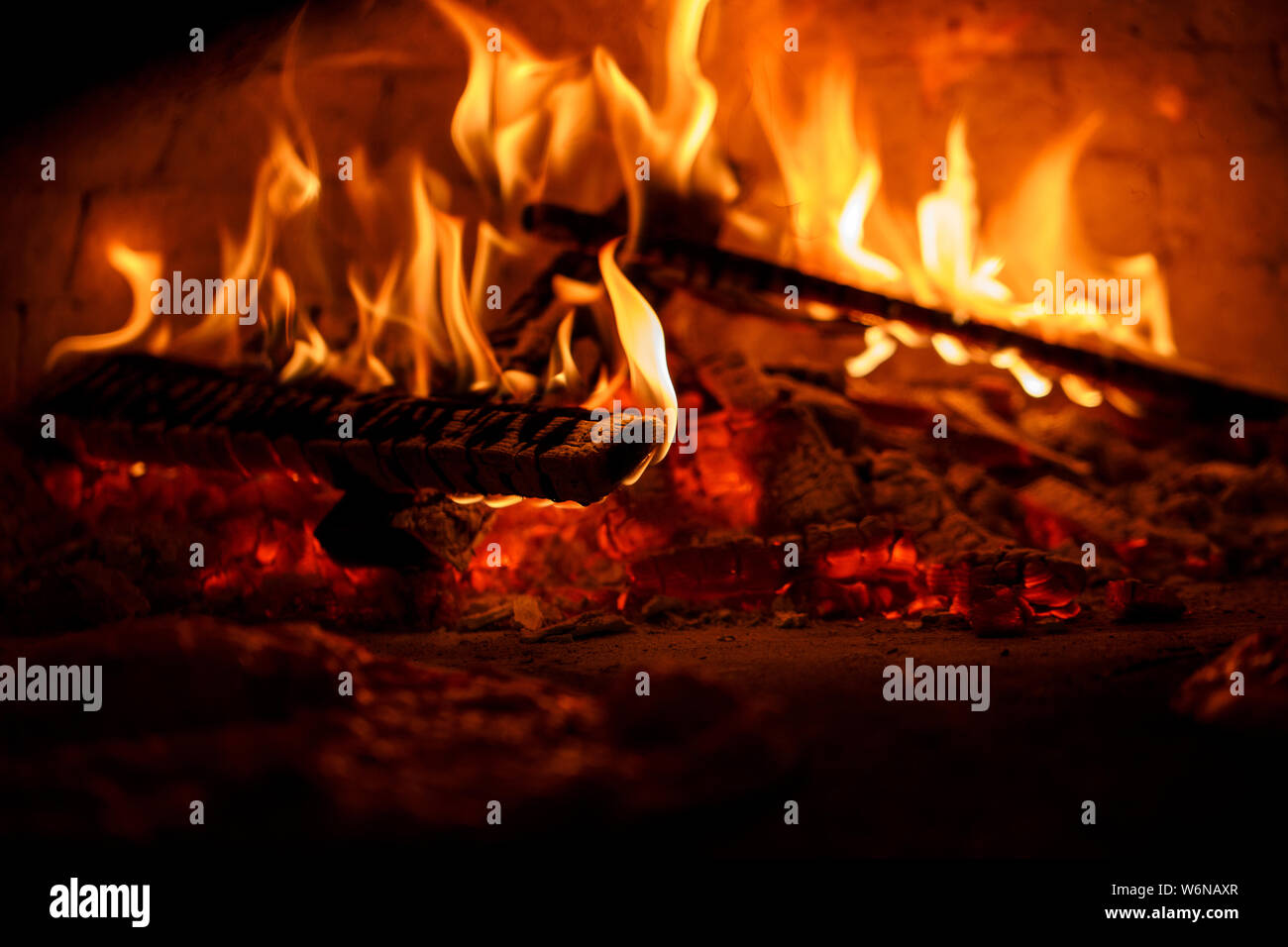Oven for pizza. Beautiful fire burns in the furnace Stock Photo