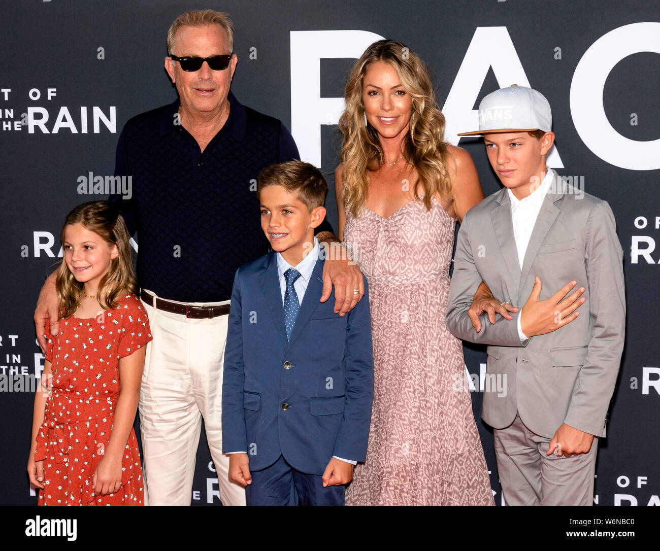 Los Angeles, CA - August 01, 2019: Grace Avery Costner, Kevin Costner, Cayden Wyatt Costner, Christine Baumgartner and Hayes Logan Costner attend the Stock Photo