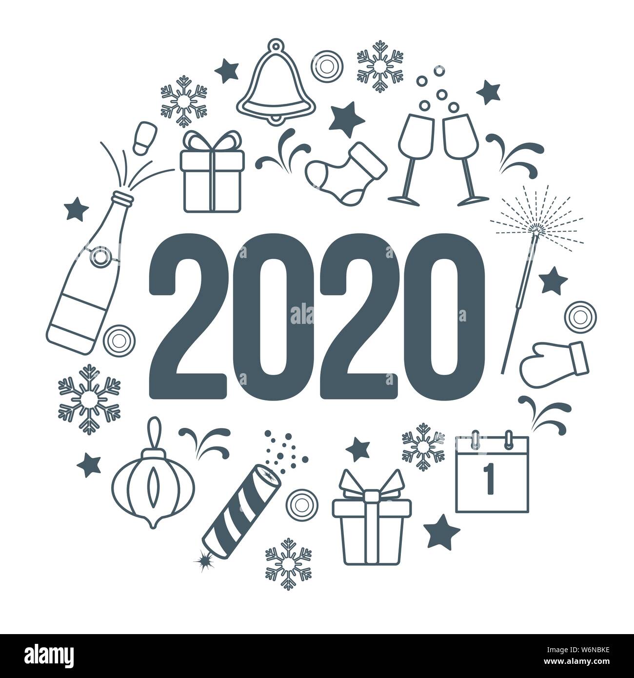 Happy New Year 2020 card. Gift boxes, bottle, glasses, Christmas sock, gingerbread bell, poppers, sparkler, mitten, calendar, snowflakes. Design for p Stock Vector