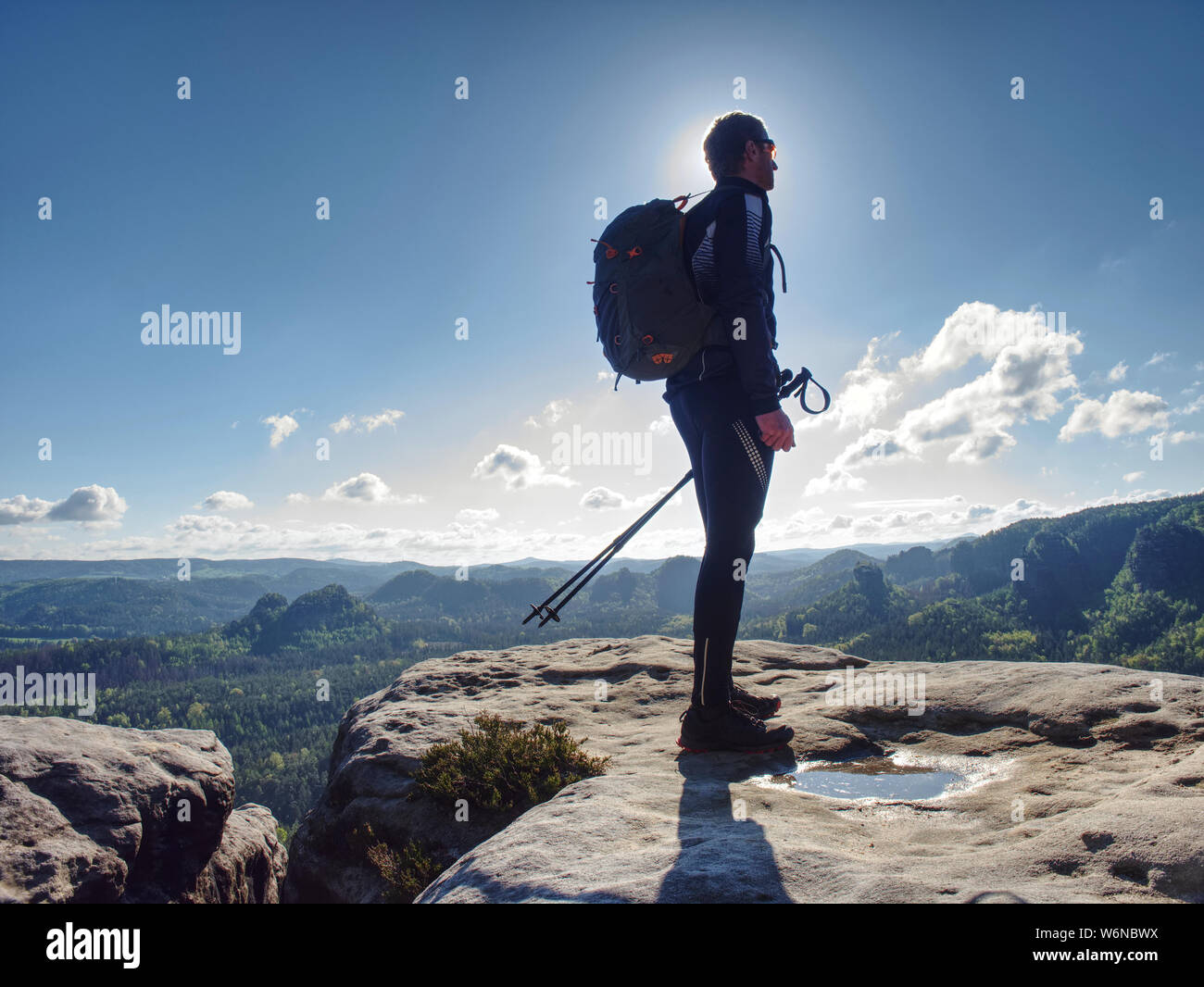 Girl Traveler Hiking Backpack Rocky Mountains Stock Photo