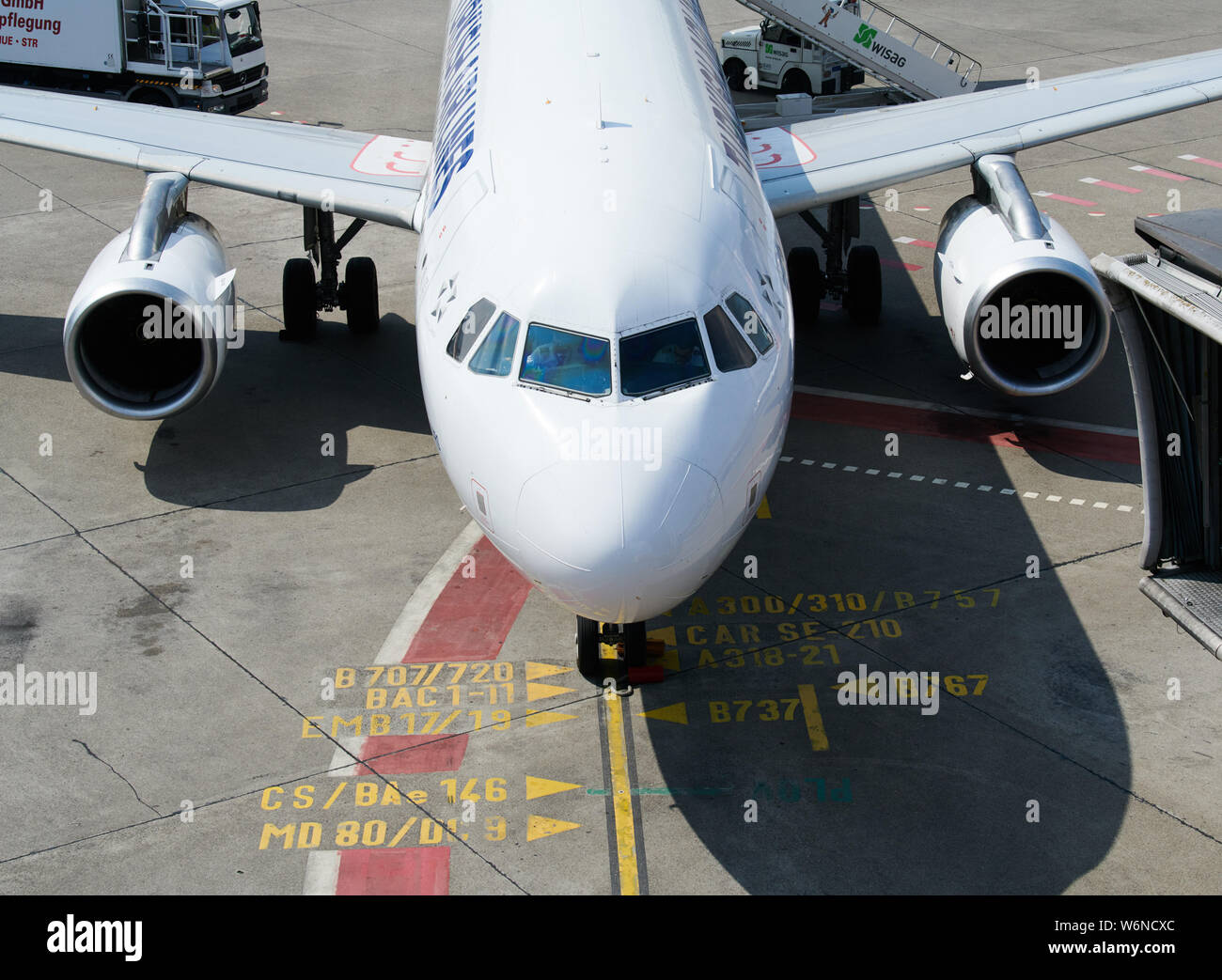 Berlin, Germany. 02nd Aug, 2019. There's a plane on the tarmac at Tegel Airport. In this year's summer holiday season, more people travelled via Berlin Airports than ever before. Credit: Annette Riedl/dpa/Alamy Live News Stock Photo