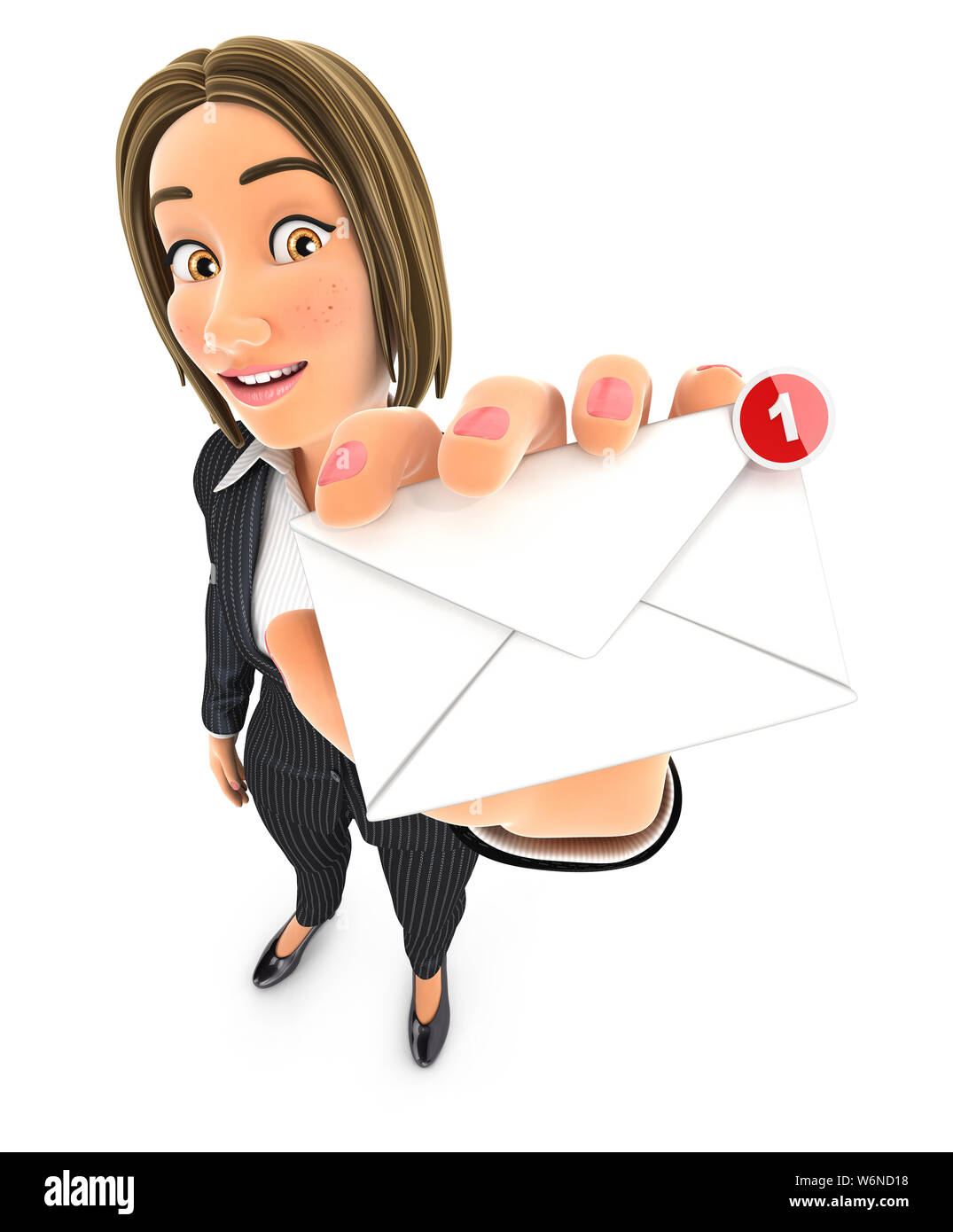 3d business woman receiving one new message, illustration with isolated white background Stock Photo