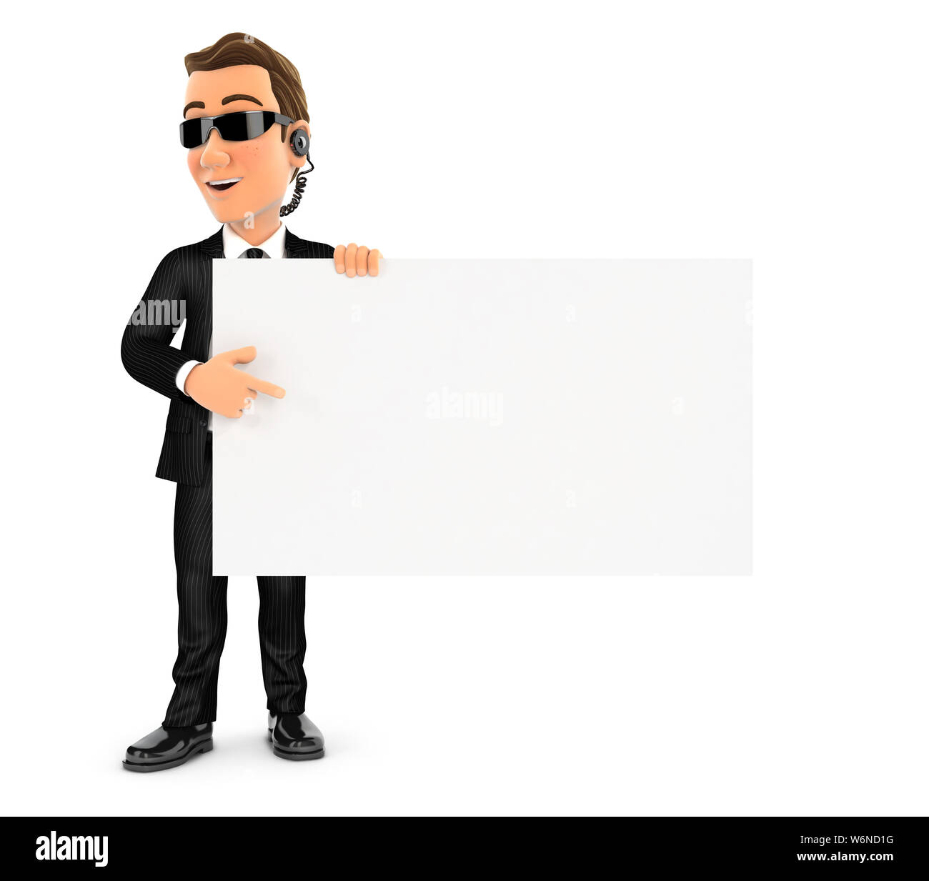 3d security agent pointing empty board, illustration with isolated white background Stock Photo