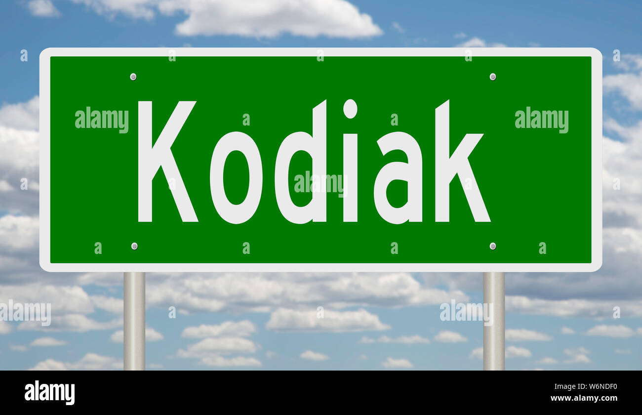 Rendering of a green highway sign for Kodiak Alaska Stock Photo
