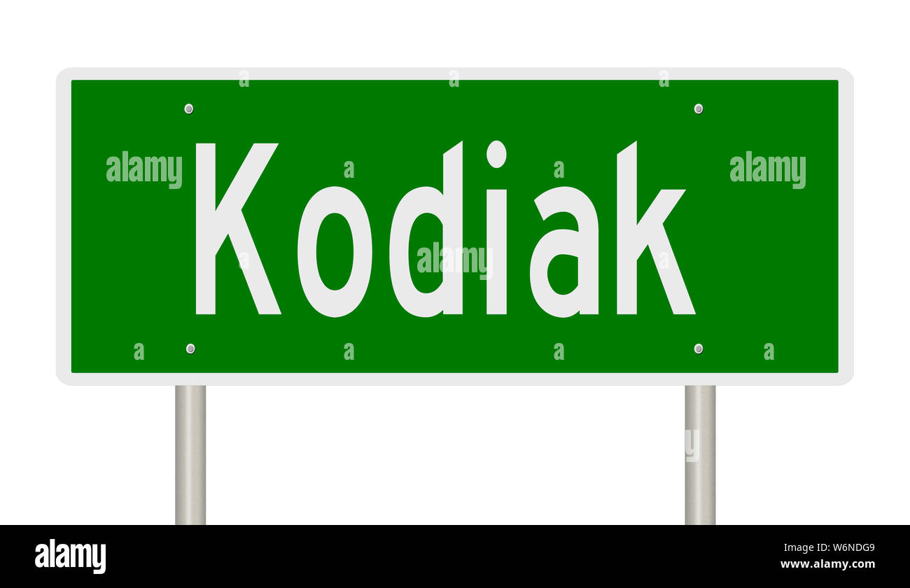 Rendering of a green highway sign for Kodiak Alaska Stock Photo