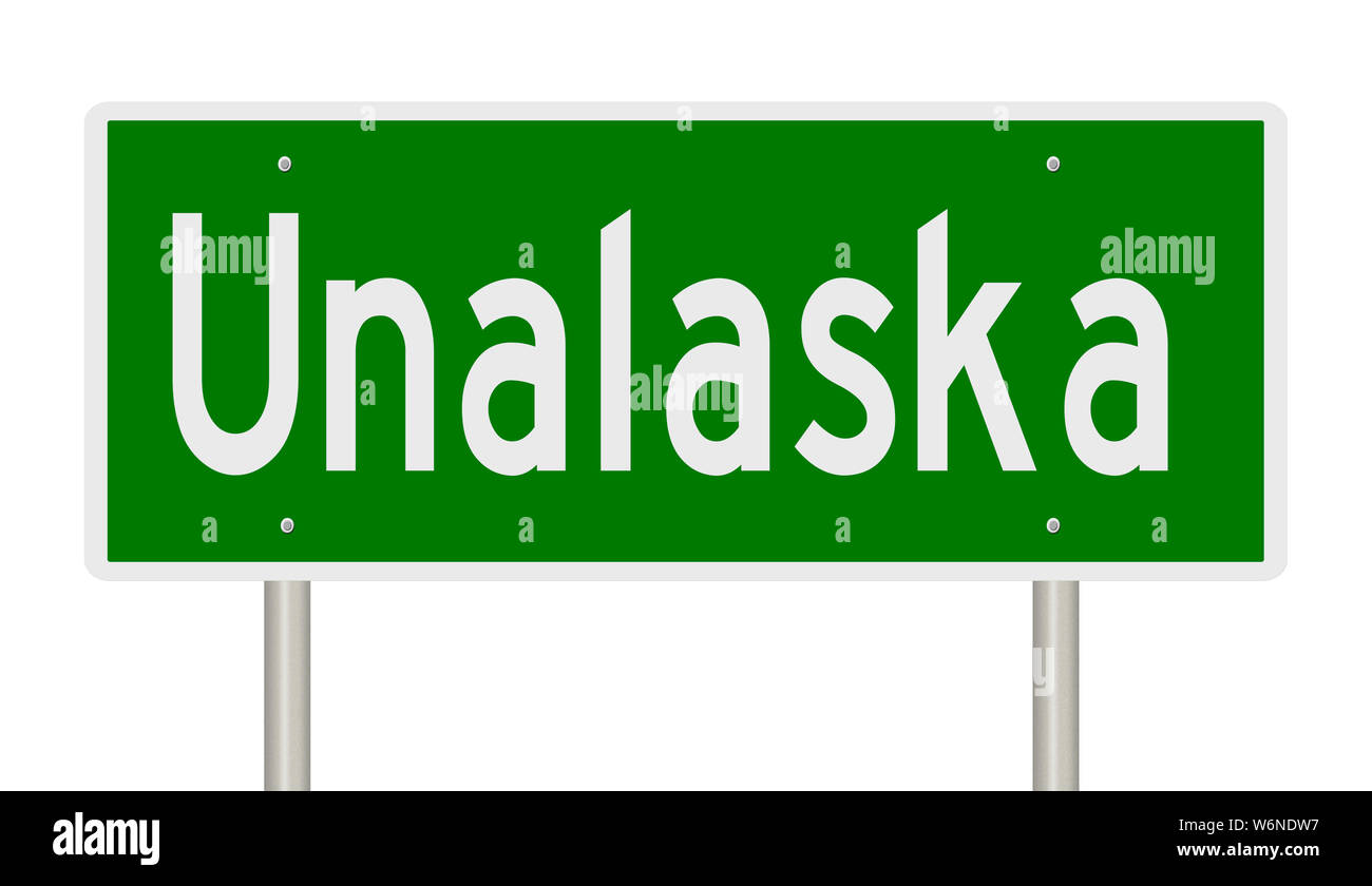 Rendering of a green highway sign for Unalaska Alaska Stock Photo