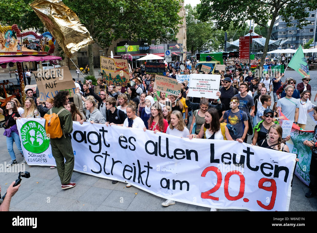 Dortmund, Germany, 01.08.2019: demonstration of the 'Fridays for Future' movement on the occasion of the first German summer congress of environmental activists through the city center of Dortmund Stock Photo