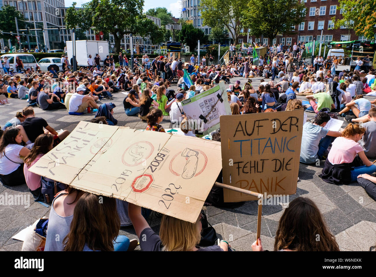 Dortmund, Germany, 01.08.2019: demonstration of the 'Fridays for Future' movement on the occasion of the first German summer congress of environmental activists through the city center of Dortmund Stock Photo