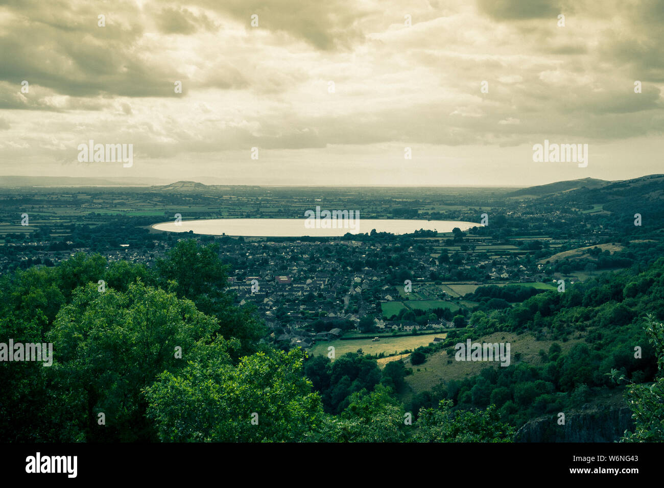 View of Cheddar village and Cheddar reservoir from Cheddar