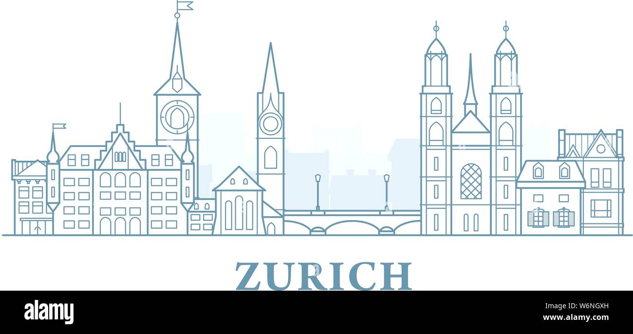 Zurich cityscape, Switzerland - old town view, city panorama with landmarks of Zurich, line style Stock Vector