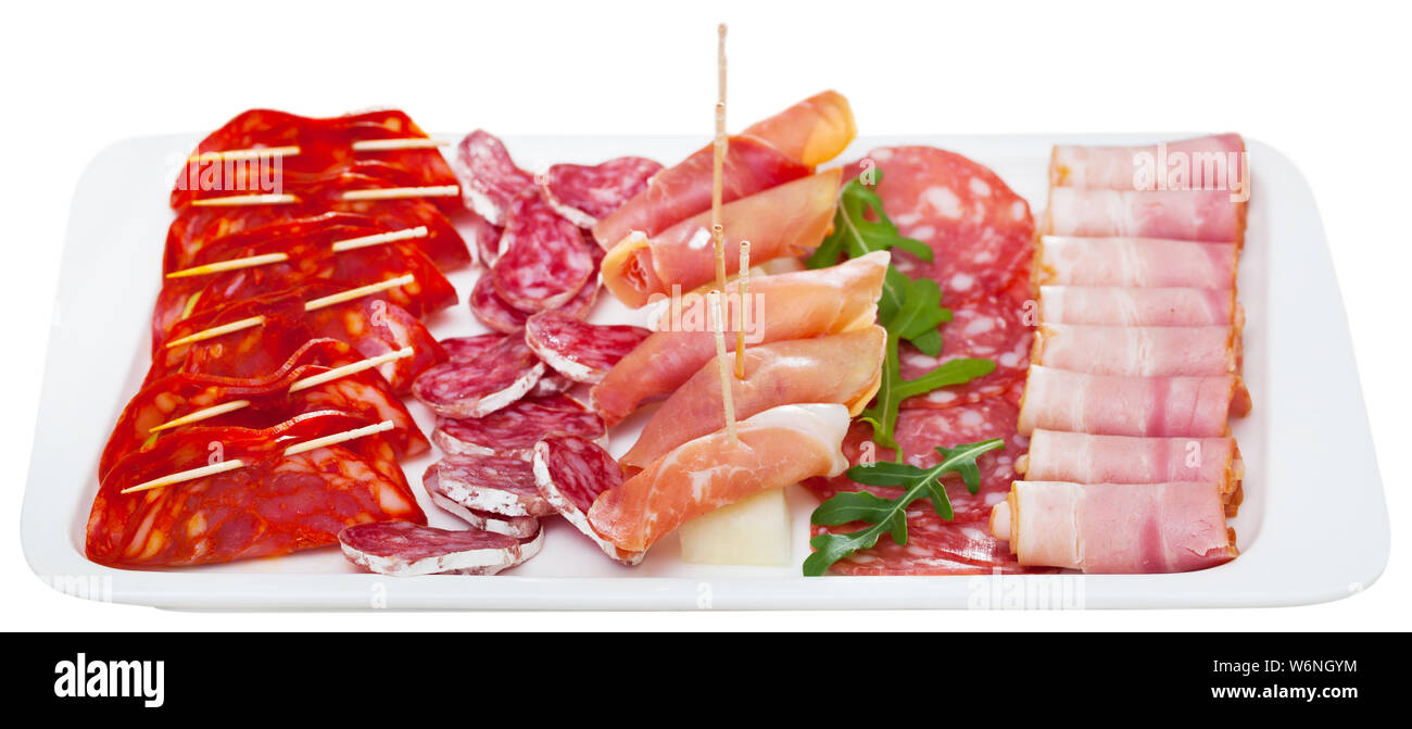 Chorizo, fuet, jamon, salami, bacon, spanish meat antipasto platter