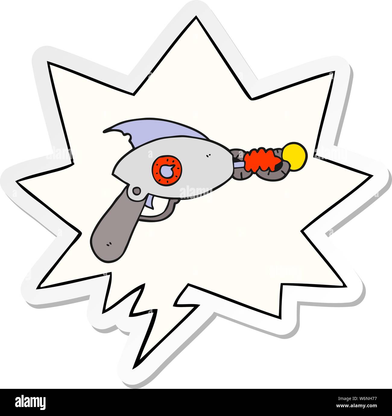 cartoon ray gun with speech bubble sticker Stock Vector