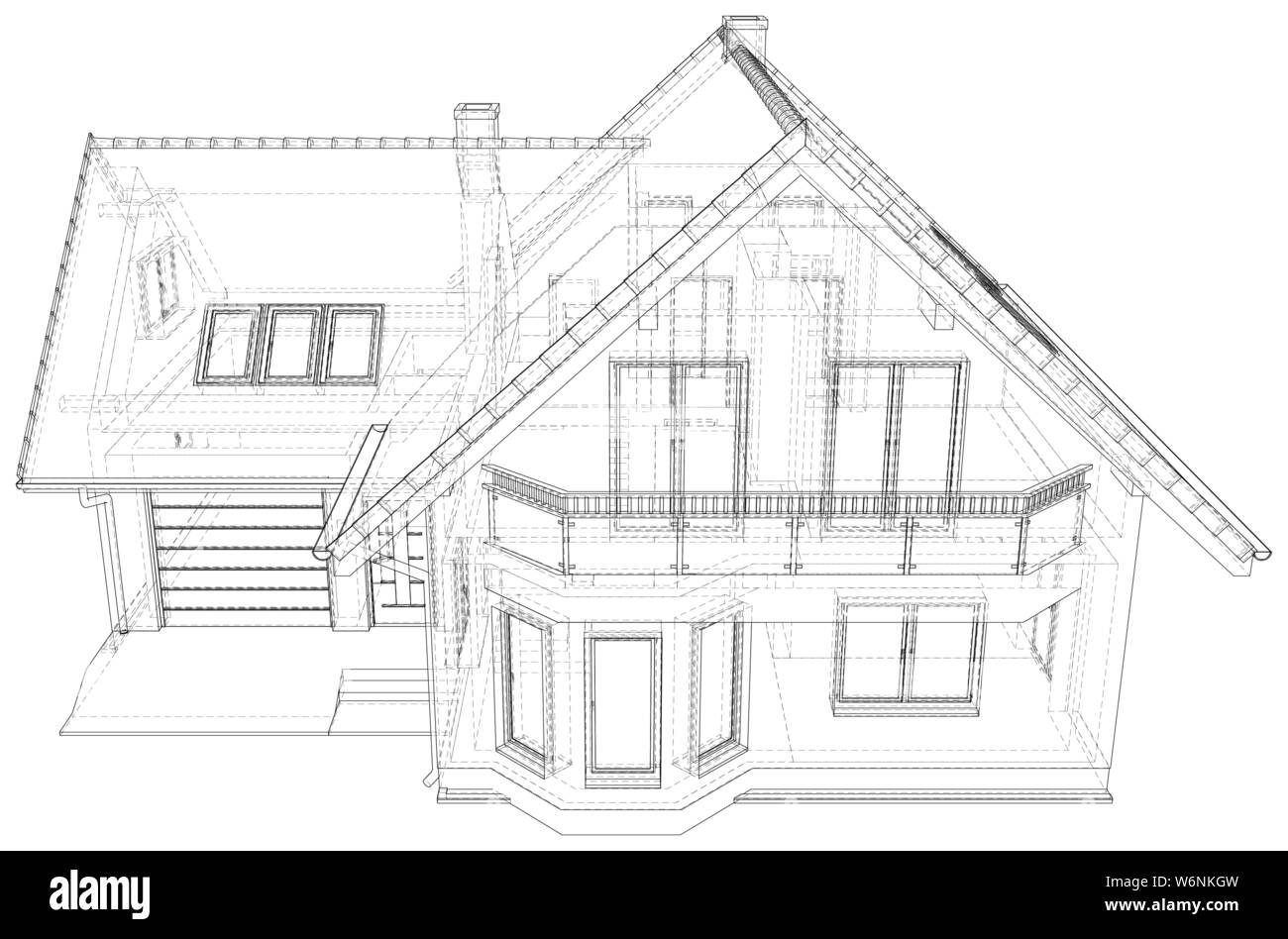Wireframe blueprint drawing of 3D house - Vector illustration Stock Vector