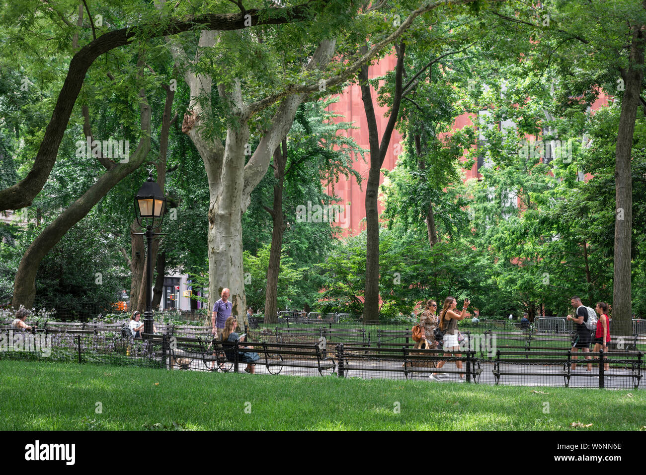 Washington Square Park, view in summer of people in Washington Square