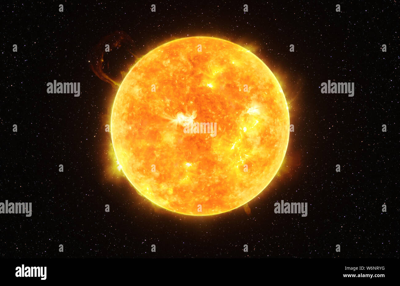 Bright Sun against dark starry sky in Solar System, elements of this image furnished by NASA Stock Photo
