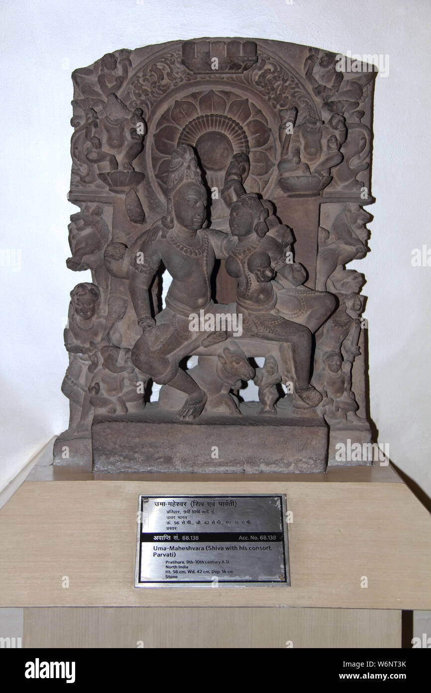 10th century statue of Uma Maheshwara (Parvati and Shiva) in a museum, National Museum, Janpath, New Delhi, India Stock Photo