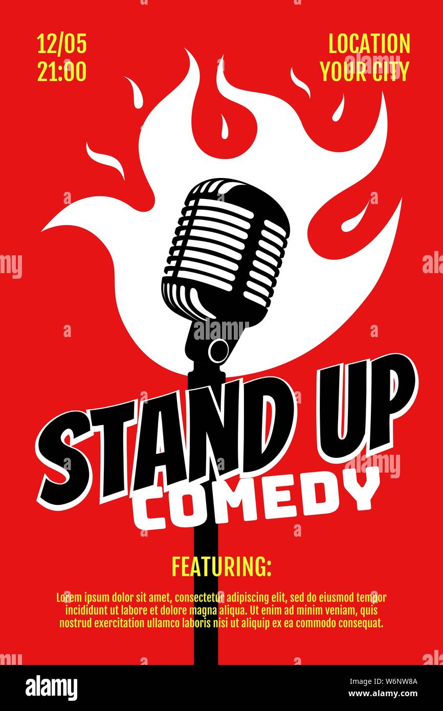 Stand up comedy night live show A3 A4 poster design template. Retro microphone with fire on red background. Hot jokes roast concept flyer. Vector open mic stage illustration Stock Vector