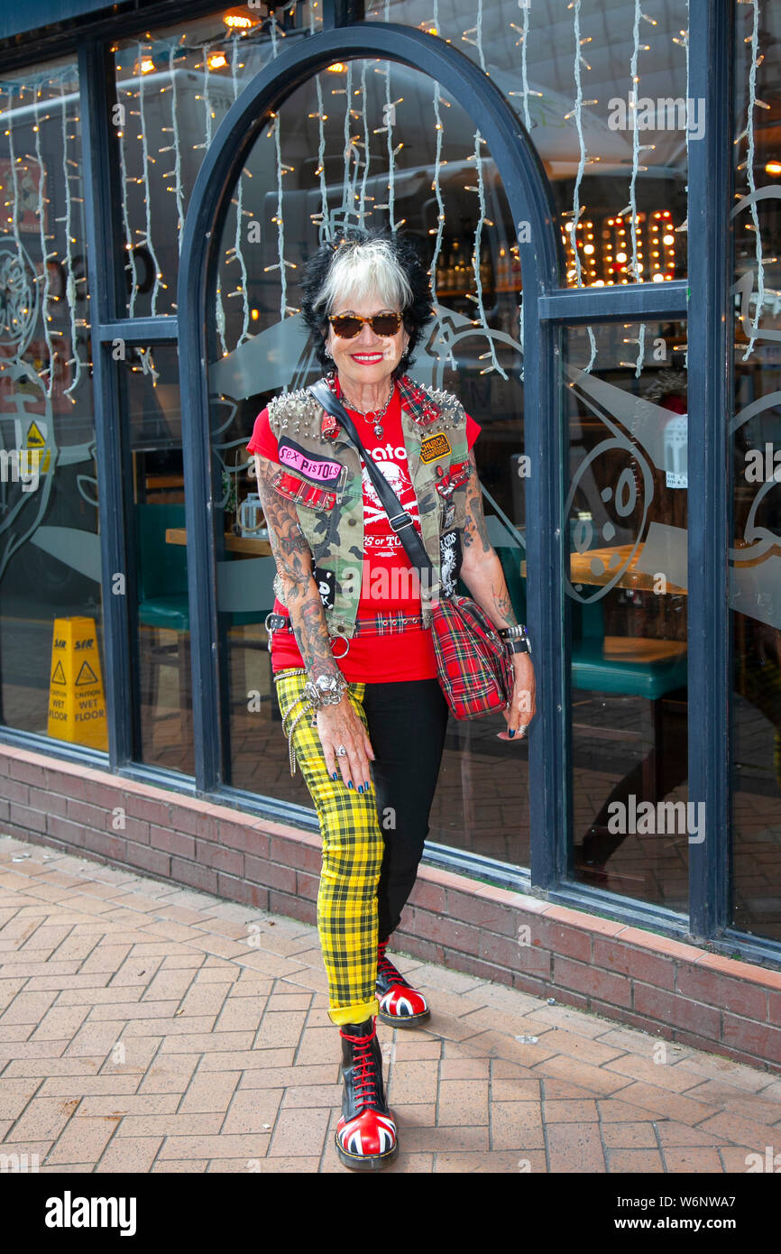 Punk female fashion clothing in Blackpool, Lancashire, UK. Aug, 2019. Betty (Darkmoon Wanadoo, from France at the Rebellion Festival the world's largest punk festival in Blackpool. At the beginning of August, Blackpool's Winter Gardens plays host to a massive line up of punk bands for the 21st edition of Rebellion Festival attracting thousands of tourists to the resort. Over 4 days every August in Blackpool, the very best in Punk gather for this social event of the year with 4 days of music across 6 stages with masses of bands. Stock Photo