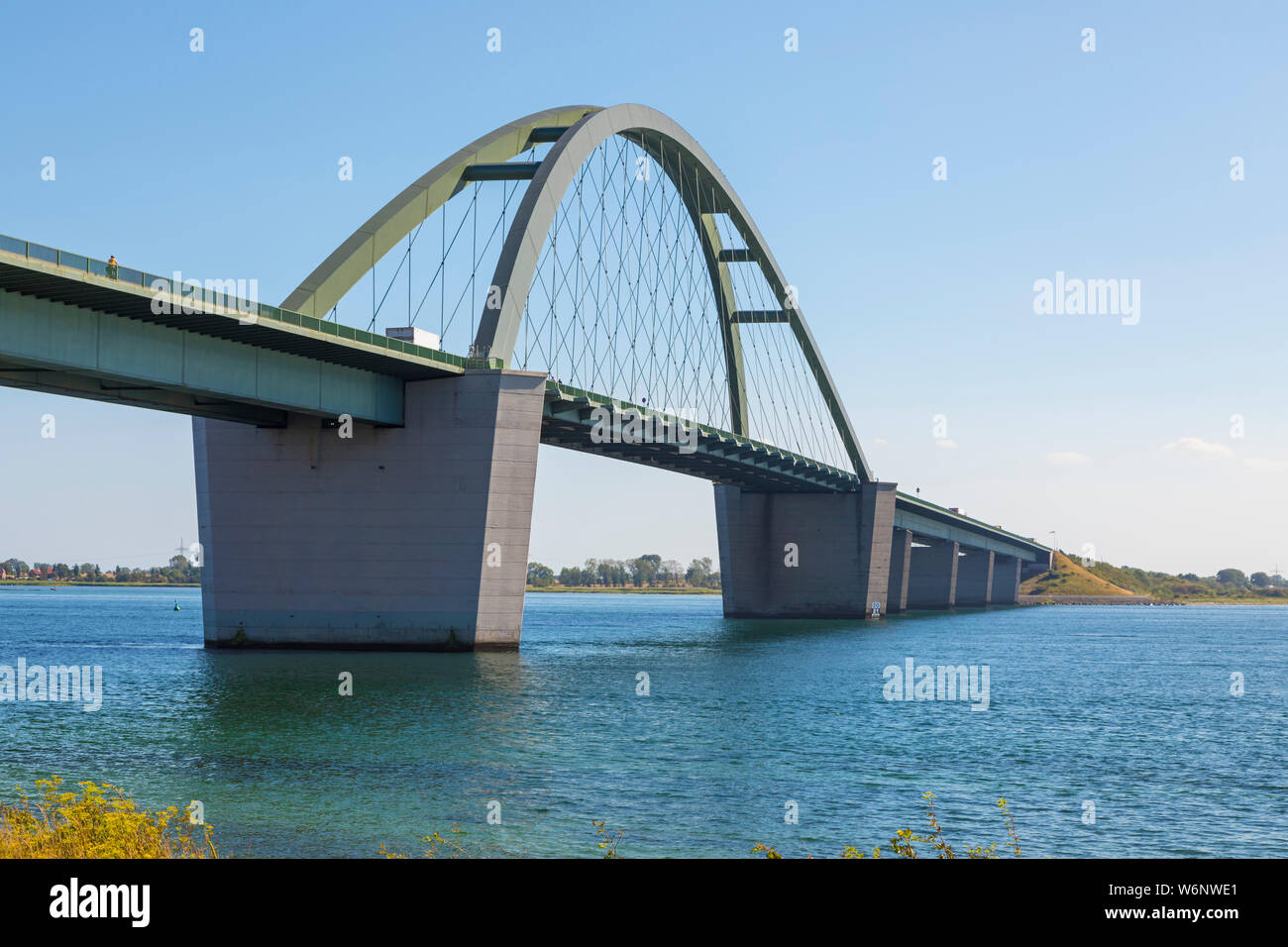 Bridge across Fehmarn Sound, known as Fehmarnsundbrücke, connecting German mainland with Fehmarn island Stock Photo