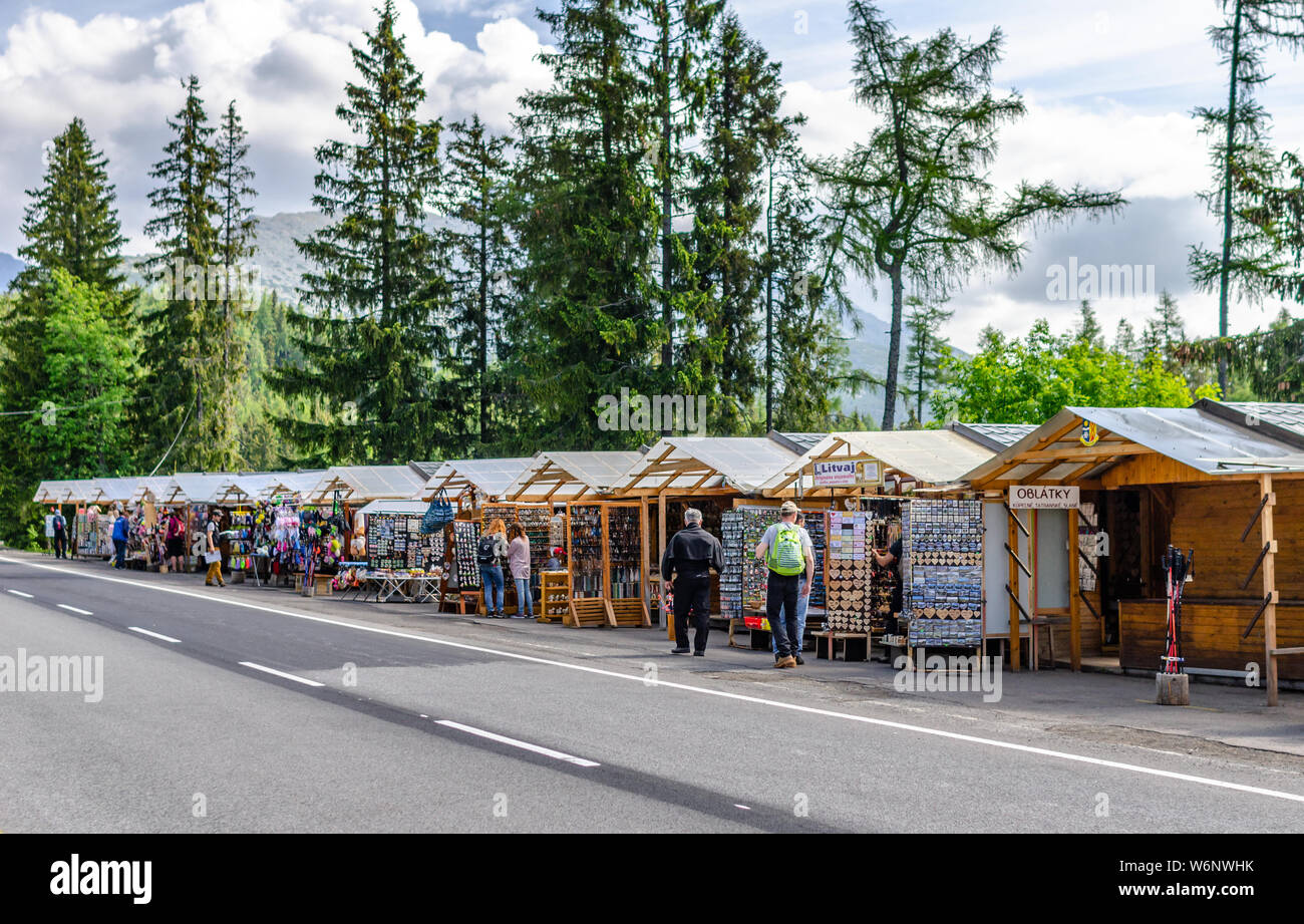 Gift shops at the foot of the mountains in Tatra Mountains, Slovakia. Stock Photo