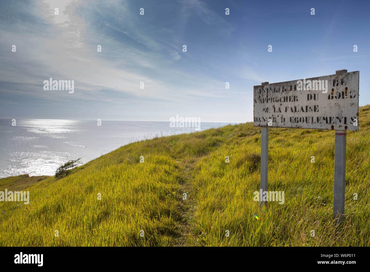 Seine Maritime, Saint Martin en Campagne, cliffs; warning sign about the danger of cliff collapse Stock Photo