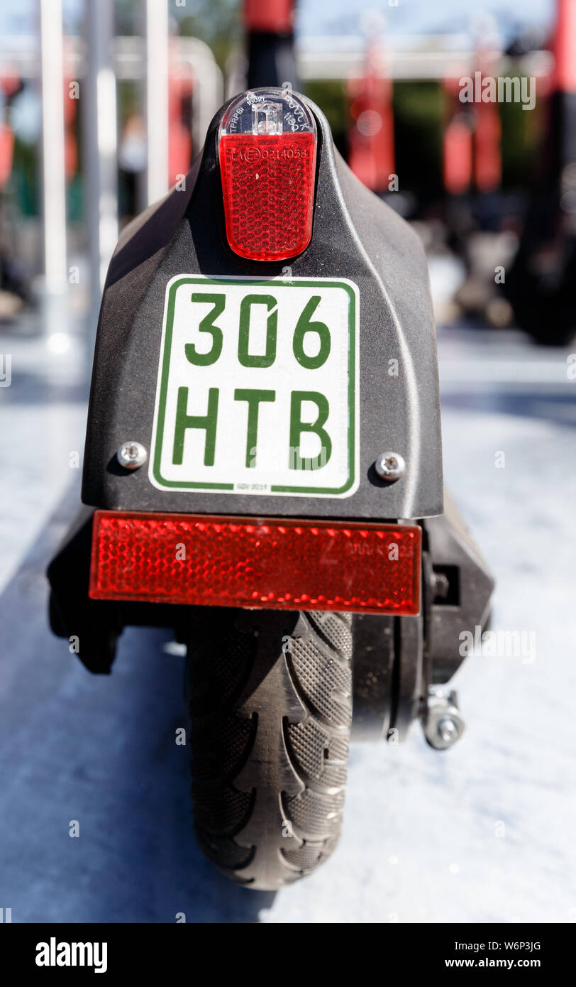Hamburg, Germany. 23rd July, 2019. The insurance sticker of an electric pedal scooter can be seen on the rear mudguard. Credit: Markus Scholz/dpa/Alamy Live News Stock Photo