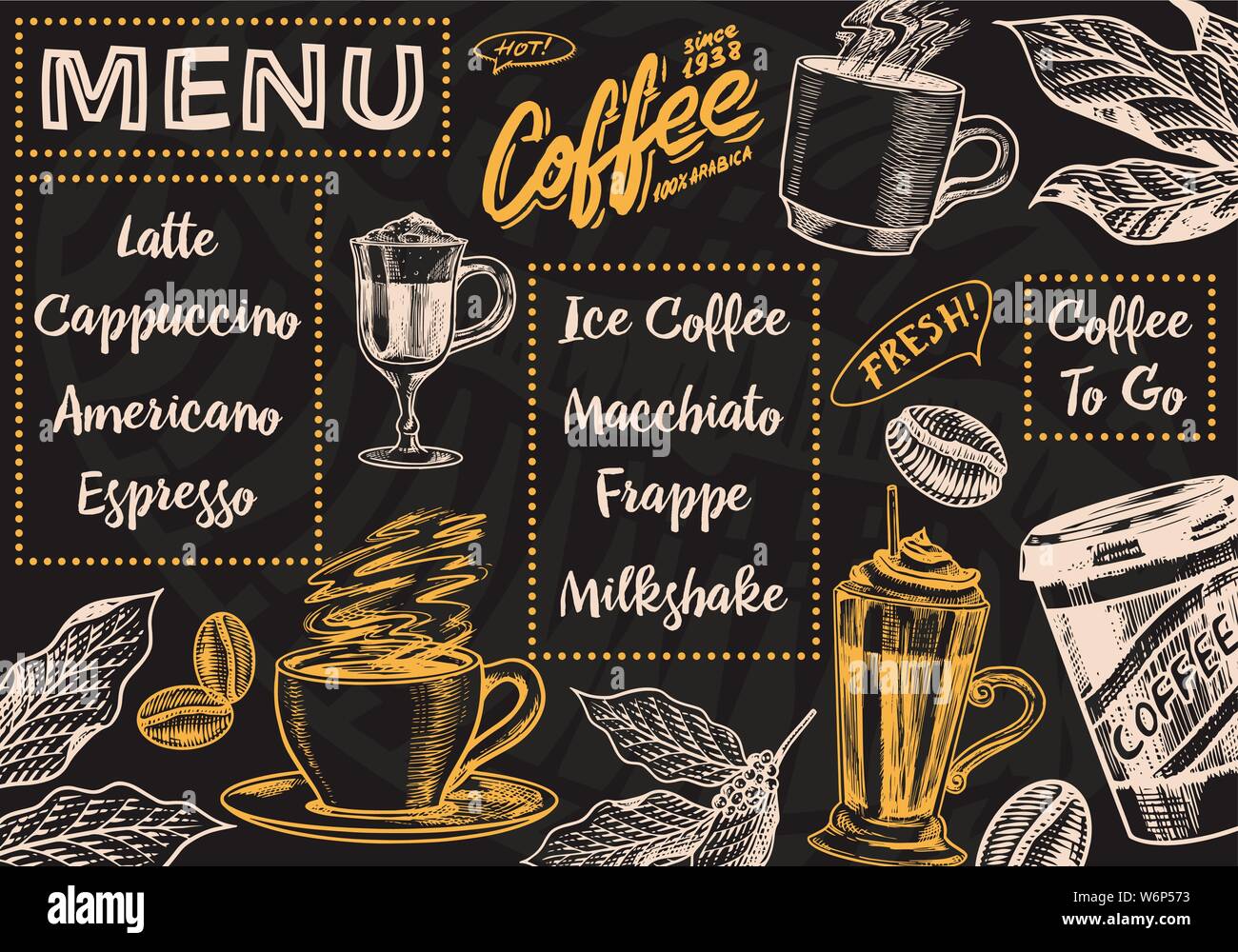 Coffee menu background in vintage style. Vector Template Banner. Hand drawn  engraved poster, retro doodle sketch for Cafe. Cup and calligraphic Stock  Vector Image & Art - Alamy