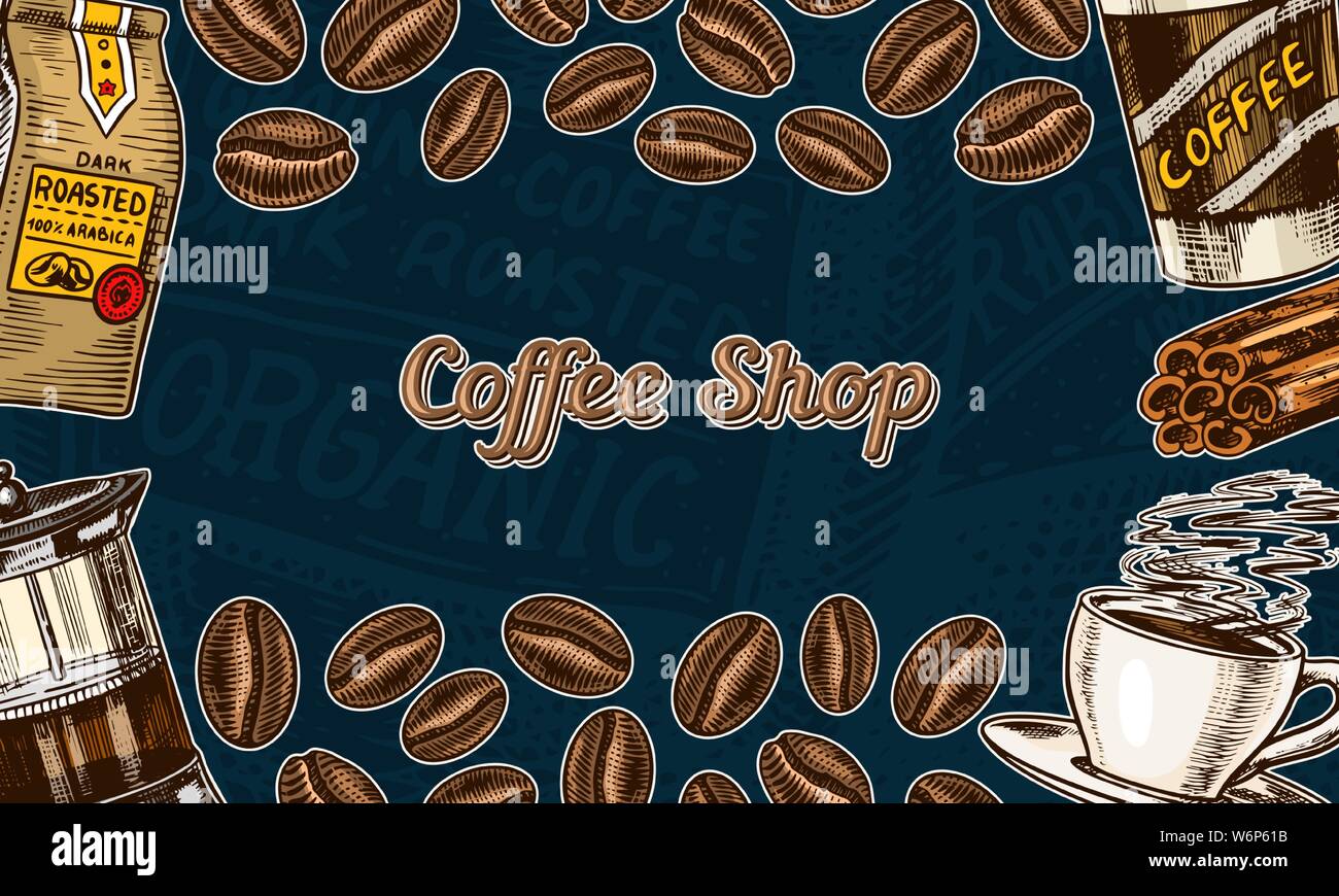 Coffee beans background in vintage style. Hand drawn engraved poster ...